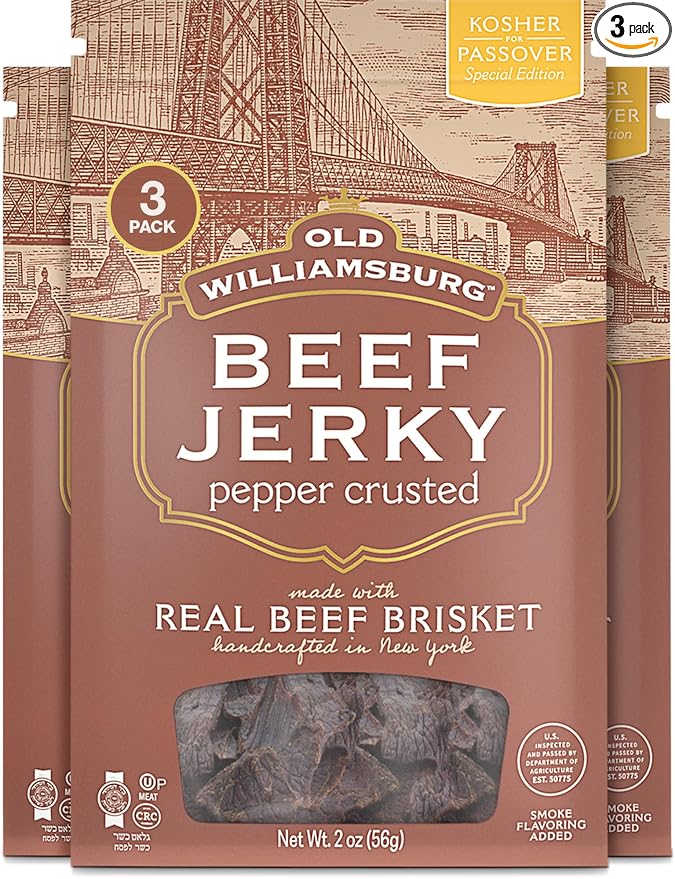 Old Williamsburg Kosher Pepper Crusted Beef Jerky 2oz (3 Pack) | Real American Beef Brisket | No Fillers | Hand Crafted | Gluten Free &amp Soy Free | Glatt Kosher (including Passover)