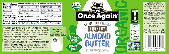 Once Again Organic Crunchy Almond Butter 16oz - Roasted - Salt Free Unsweetened - USDA Organic Gluten Free Certified Peanut Free Vegan Kosher Paleo - Glass Jar - Case of 12