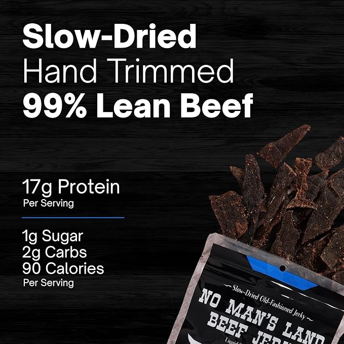 No Mans Land High Protein Beef Jerky | 16G Protein Low Carb Low Calorie Beef Snack | Slow-Dried Smoked &amp Seasoned Jerky Strips | Black Pepper 8.5oz Bag
