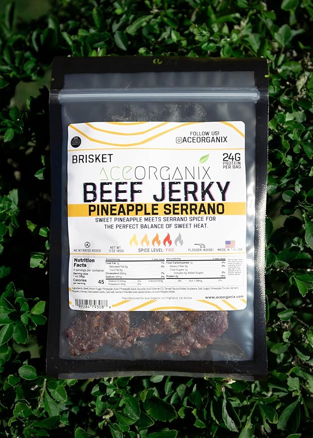 Ace Organix Brisket Beef Jerky 6 Flavor Variety Bundle – Pineapple Serrano Sweet Heat Honey BBQ Teriyaki Salt &amp Pepper and Peppered – Premium High Protein Snack – Clean Ingredients No Added