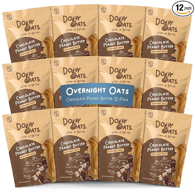 Dozy Oats Overnight Oatmeal Packets Chocolate Peanut Butter Multipack with Rolled Oats Chia Seeds and Date Powder. Gluten-Free Natural Source of Protein and Fiber 12-Pack