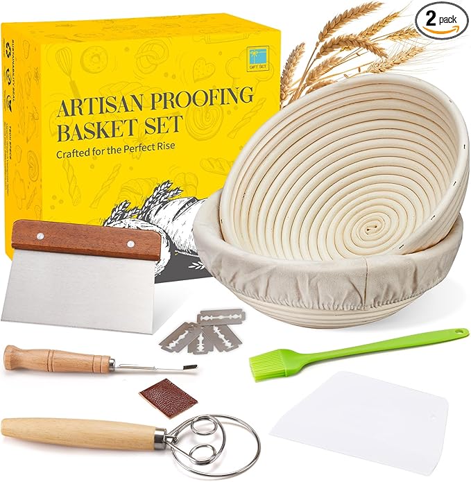Banneton Proofing Basket for Sourdough Bread Handmade &amp Natural Rattan - Round Dough Rising Basket for Baking - Perfect for Artisan Breads (Round of 2 Gift Set)