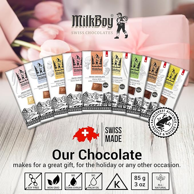 Milkboy Swiss Chocolates Milk Chocolates - Alpine Milk Chocolate Bars with Crunchy Caramel Sea Salt - Gluten-Free Non-GMO All Natural - Made in Switzerland - 3 oz Pack 10