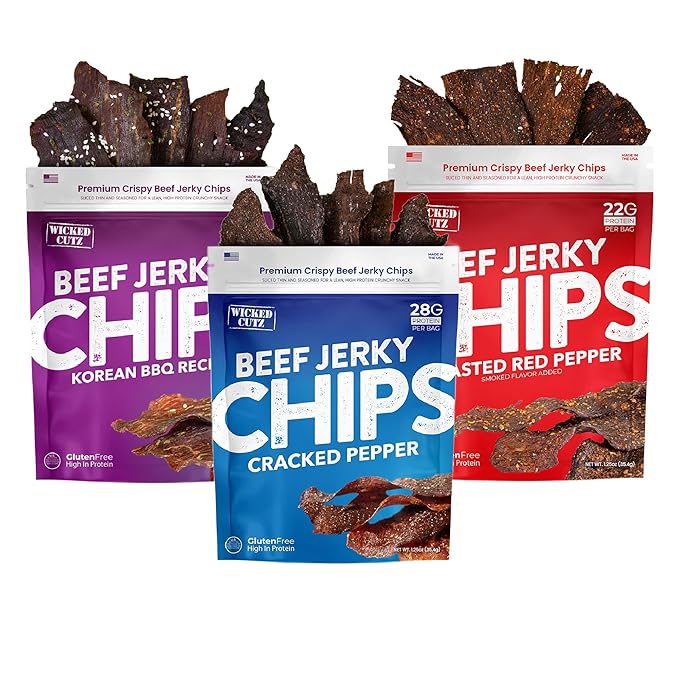 Wicked Cutz Roasted Red Pepper Beef Jerky Chips 22g Protein per Bag Crispy &amp Crunchy Beef Jerky Crisps USA Made Pepper Flavored Chips High Carnivore Snacks (2 Bags)