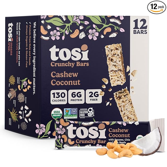 Tosi Nut Bars Cashew Coconut Healthy Snacks for Adults &amp Kids Plant Based Crunchy Bars (6G Protein) Organic Keto Snacks Vegan Gluten &amp Soy Free Low Sugar Omega 3s 1oz 12-Pack