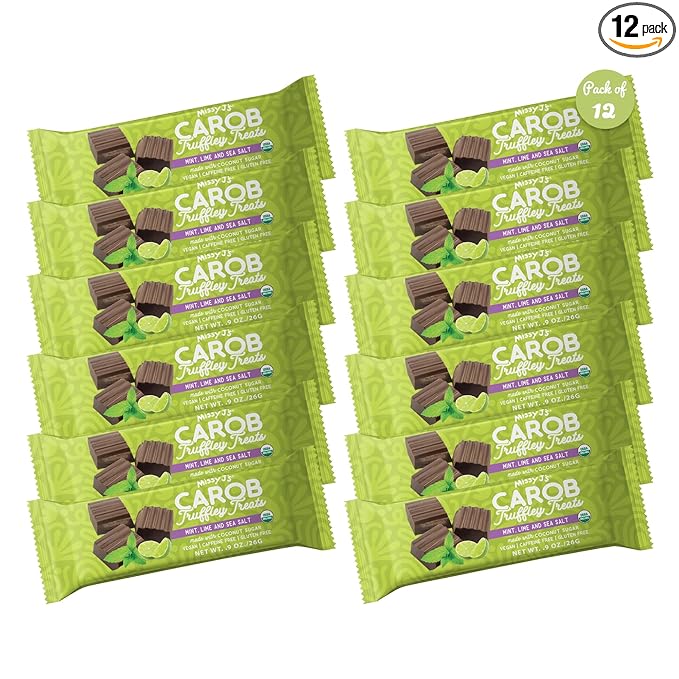 Missy J's Organic Carob Mint Truffley Treats 1.38 Oz 12 Pack Made w/Coconut Sugar Vegan Gluten and Caffeine Free Healthy Substitute for Chocolate Perfect for Snacks and Treats