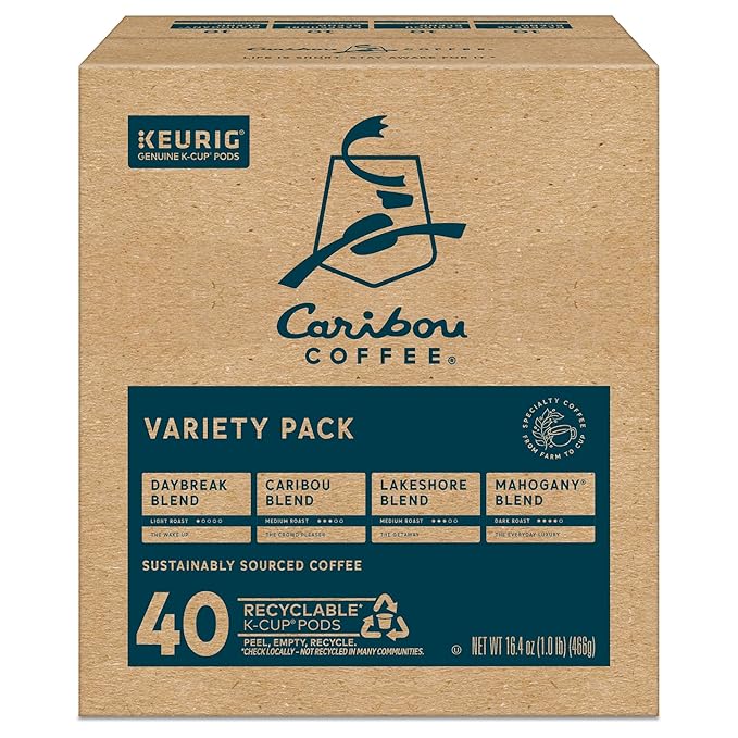 Caribou Coffee Single Serve Keurig K-Cup Pod Variety Pack Light Medium and Dark Roast Coffees 40-Count Box(Pack of 1)