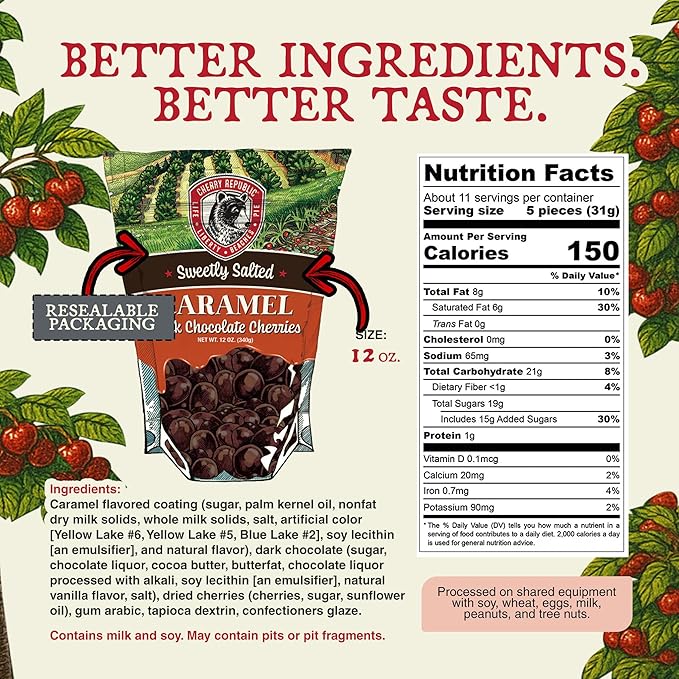 Cherry Republic Sweetly Salted Caramel Dark Chocolate Covered Cherries - 12oz Bag Dried Montmorency Salted Caramel Dark Chocolate Cherries Gourmet Candy Gift or Snack Resealable Made in USA