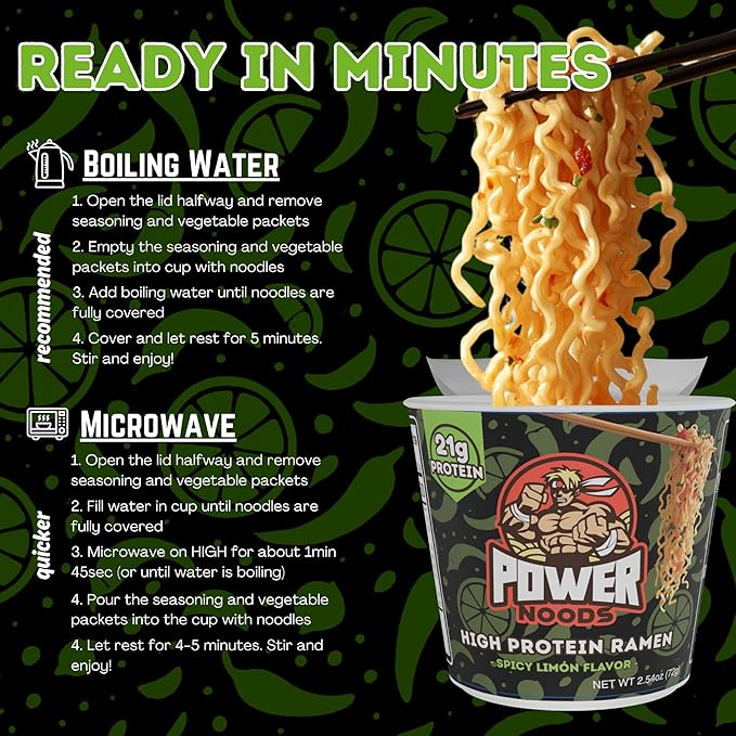 Power Noods High Protein Ramen Noodles - 12 or 6 Pack | Protein Ramen Cups for Lunch or Dinner | Better for You Plant-Based Instant Meal | Spicy Limon
