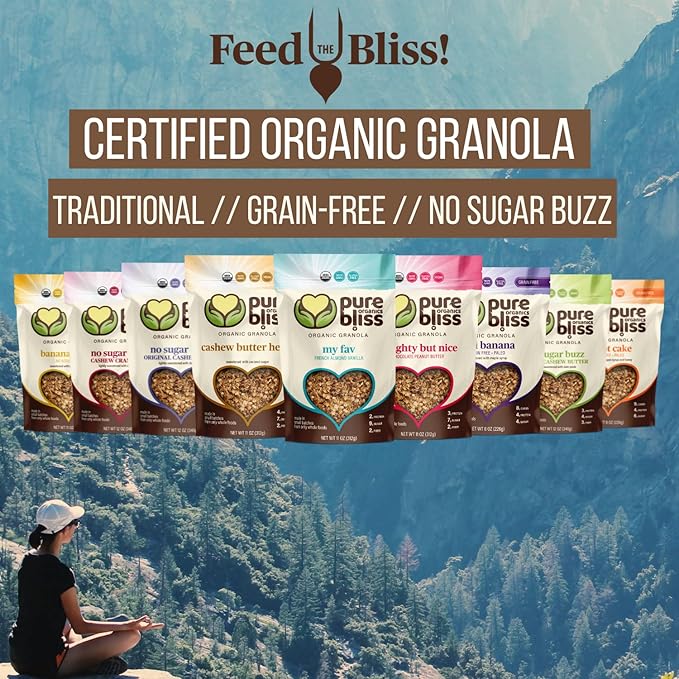 Pure Bliss Organics No Sugar Buzz Cashew Raisin Granola Certified Organic and Gluten Free Vegan Non GMO Low Glycemic Low Sugar Alternative Date Sweetened only Small Batch Artisan Granola Cereal