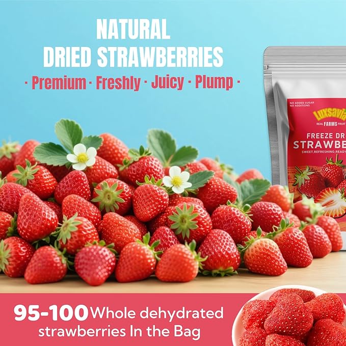 7.05OZ/200g Premium Whole Freeze Dried Strawberries 95-100 per bagWhole Big Natural Dried Strawberries No AdditivesDehydrated Strawberry No Sugar AddedSnacks
