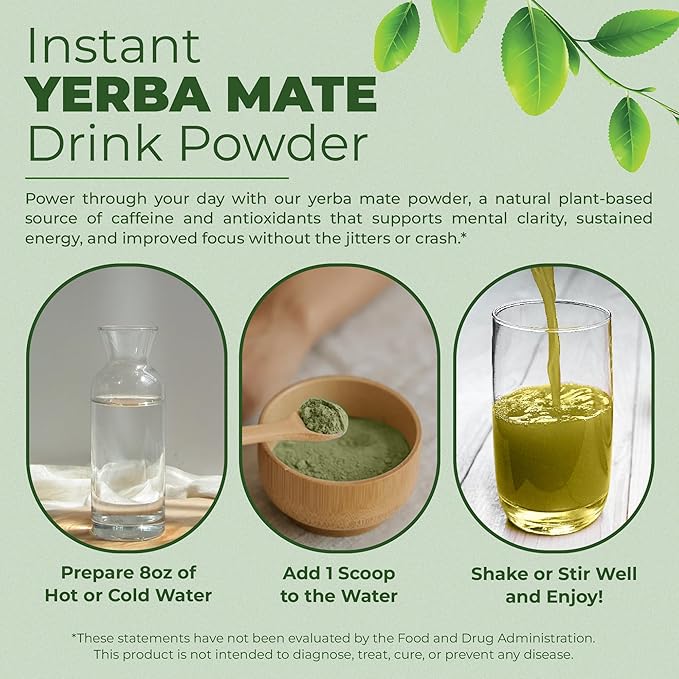 Yerba Mate Instant Tea Powder - 3-In-1 Super Drink - Clean Energy - Formulated With Nootropics To Boost Focus &amp Clarity - With Prebiotics &amp Probiotics To Boost Gut Health | Strawberry Matcha -