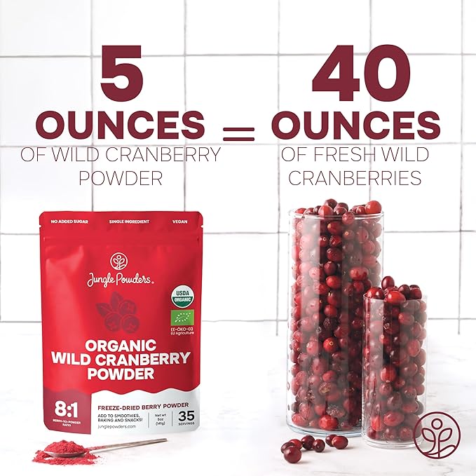 Jungle Powders Wild Cranberry Powder Organic 5 Ounces USDA Certified Freeze Dried Organic Cranberries Powder for Baking Flavoring Smoothies Additive Filler Free Superfood Extract from Whole Berries