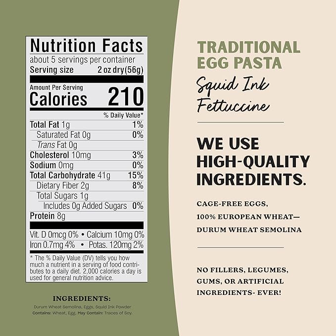 Al Dente Squid Ink Fettuccine – All-Natural Hand-Crafted Egg Pasta. Traditional Pasta Noodles Made with Cage-Free Eggs and Semolina. Great for Pastas Soups Stews. 10oz Bags (Pack of 6)
