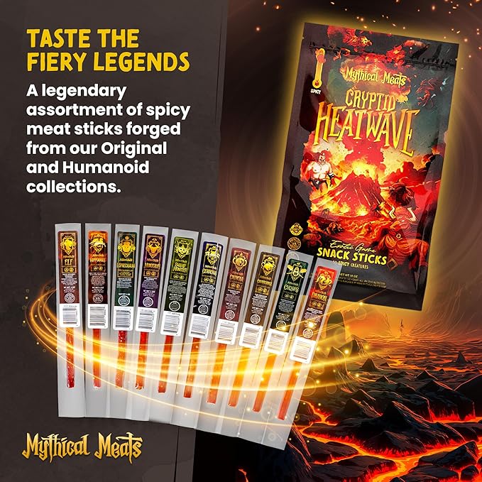 Mythical Meats Cryptid Heatwave Spicy Variety Pack – 10 Legendary Exotic Game &amp Beef Snack Sticks – Dried &amp Dehydrated Meats Seasoned to Perfection – Spicy Flavors Low Sugar &amp High Protei