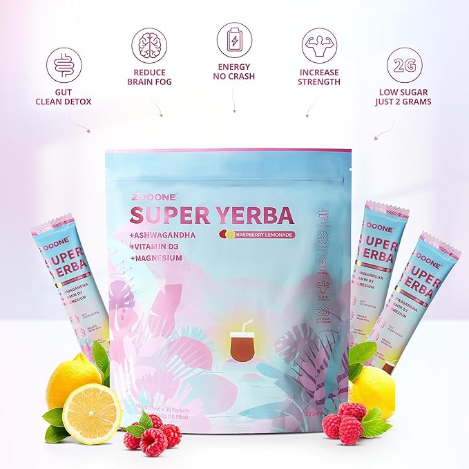 ZOOONE Super Yerba Mate tea Instant Powder 30 Packets- Raspberry Lemonade Flavor | Servings Clean Energy &amp Focus Boost Brain Fog Buster| Gut Support Antioxidants