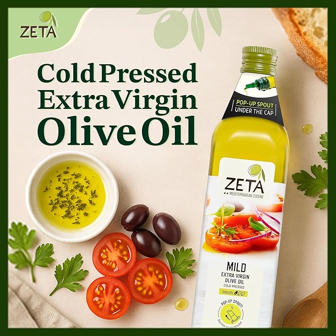 Zeta Extra Virgin Olive Oil 25.3 fl oz | Premium Glass Bottle with Pop-Up Spout | Cold-Pressed | Product of Spain | Ideal for Baking Cooking Grilling Roasting Pasta &amp Salads