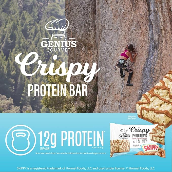 Genius Gourmet SKIPPY® Peanut Butter Flavored Crispy Protein Bars12g Protein per serving (24% DV) 3g Sugar Delicious Snack Bar Gluten Free – 10 Count
