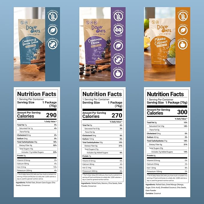 Dozy Oats Overnight Oatmeal Packets Sampler Box with Rolled Oats Chia Seeds Date Powder and Dried Fruit. Gluten-Free Natural Source of Protein and Fiber 10-Pack and Jar