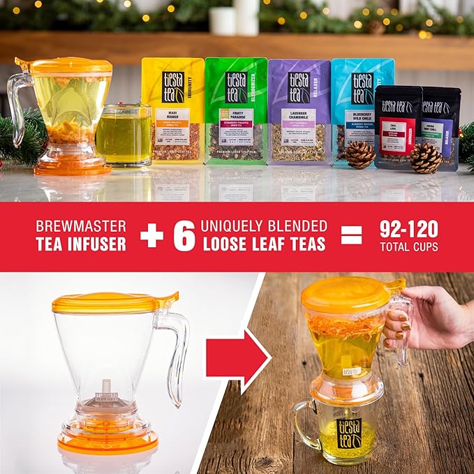 Tiesta Tea Ultimate Live Loose Leaf Kit Tea Starter Kit with High to Non-Caffeinated Blends Hot &amp Iced Brews Includes Black Green Herbal Sample Bags and 16oz Brewmaster Dispensing Infuser