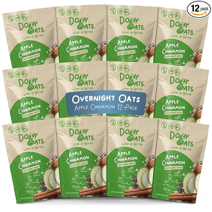 Dozy Oats Overnight Oatmeal Packets Apple Cinnamon Multipack with Rolled Oats Chia Seeds Date Powder and Dried Fruit. Gluten-Free Natural Source of Protein and Fiber 12-Pack