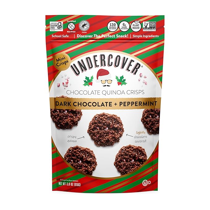 Undercover Snacks Chocolate Quinoa Crisps - Dark Chocolate + Peppermint | 7-Pack 3oz Bags of Mini Crisps | Gluten Free Nut-Free Allergen Friendly Kosher Plant-Based