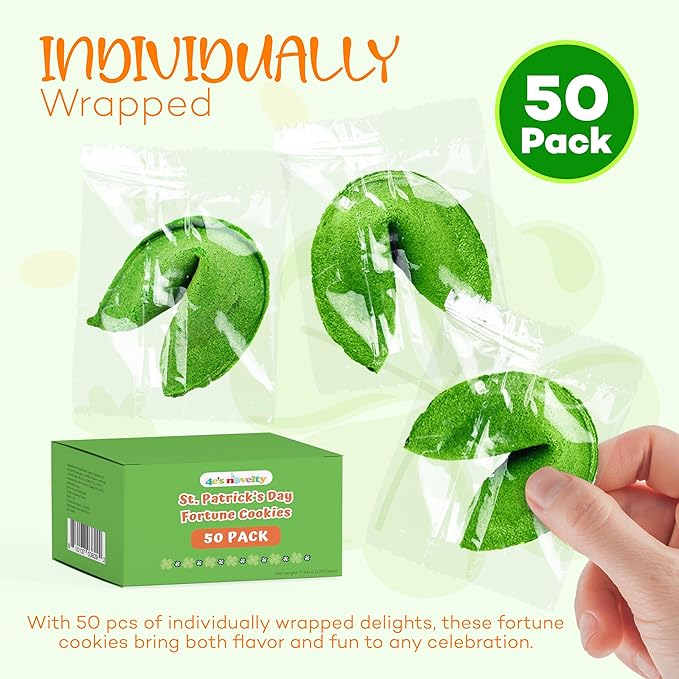 4E's Novelty St Patricks Day Fortune Cookies (50 Pack) Bulk Individually Wrapped Green Fortune Cookies With 50 Unique St Patricks Day Themed Fotune Party Favors &amp Candy Bowl Filler