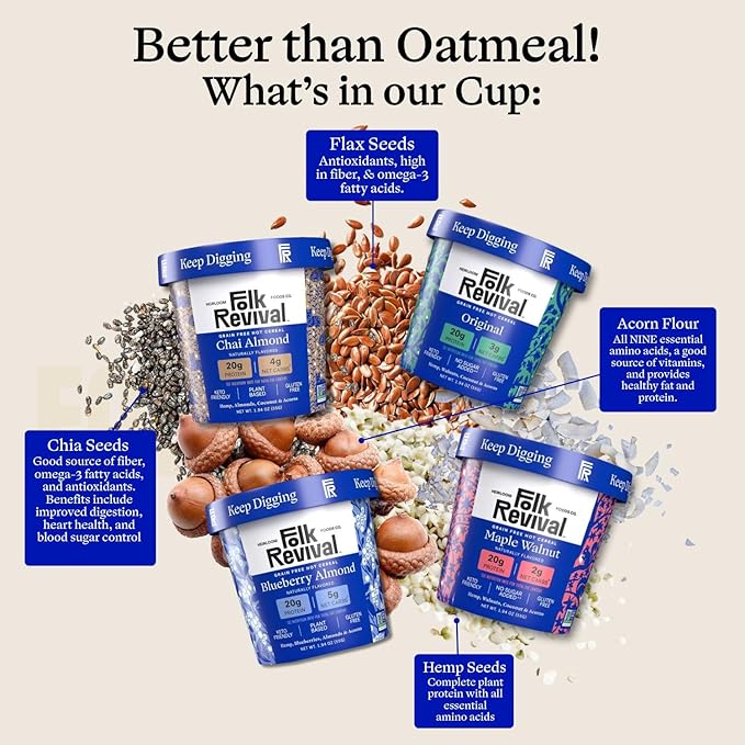 Folk Revival Keto Instant 'Oatmeal' Variety Pack - 20g of Protein Low Carb High Fiber 3 Blueberry 3 Maple Walnut 3 Chai Almond 3 Original - 12 Cups Per Case