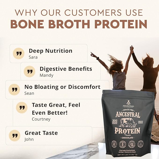 Ancestral Supplements Grass Fed Protein Powder Chocolate Beef Bone Broth Based w/Beef Organs &amp Organic Mushrooms Gut Health Support High Protein Supplement 20g Protein Per Serving 30 Day Sup