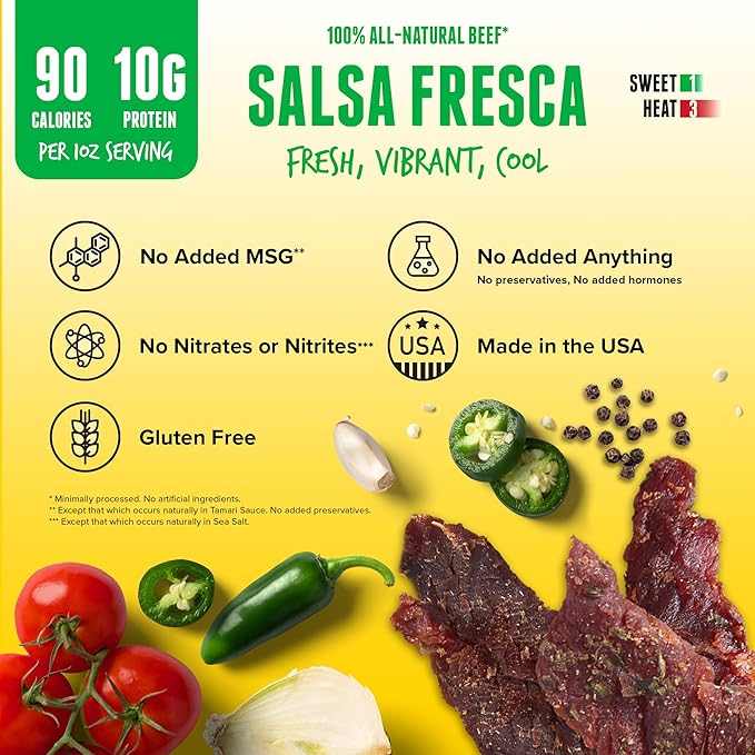 Baja Beef Jerky - 100% All Natural Beef Jerky Keto Jerky Gluten Free Low Calorie Craft Jerky 10g Protein per Serving No Nitrates or Added Hormones - Salsa Fresca 2.5 oz Bag (Pack of 4)