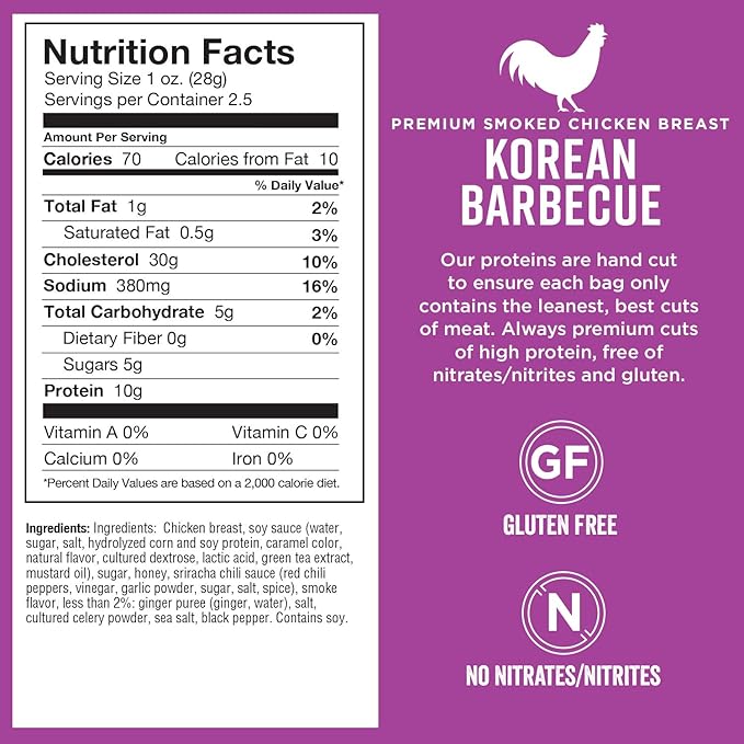 Chef’s Cut Real Chicken Jerky | High Protein Meat Snack with 10 g Protein &amp 70 Calories Gluten Free Keto-Friendly Premium Lean Smoked Chicken Breast | Korean Barbecue | 2.5 oz (Pack of 4)