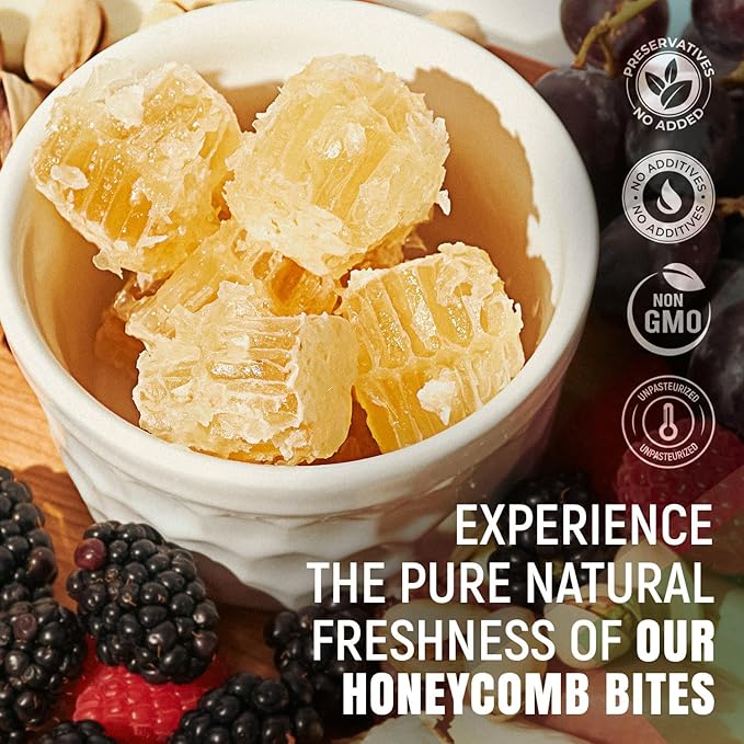 Jamie's Hive To Table Bites &amp Infused Honey Gift Set (3.3 Oz 5 Bites &amp 3x12 Oz Squeeze Bottles) – Raw Honeycomb with Bee Pollen and Propolis &amp Hot Lemon and Cinnamon Flavored Honey