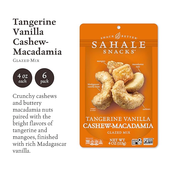 Sahale Snacks Tangerine Vanilla Cashew-Macadamia Glazed Mix 4 oz Pouches (6 Packs) - Dry-Roasted Deluxe Mixed Nuts with Mangoes &amp Madagascar Vanilla - Non-GMO Kosher &amp Certified Gluten-Free