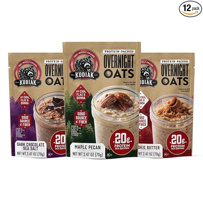 Kodiak Cakes Protein Overnight Oats Variety Pack - Cookie Butter Dark Chocolate Sea Salt Maple Pecan 12 Count High Protein