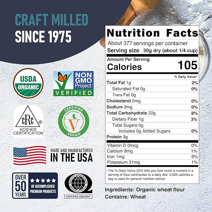 Great River Milling Lily White Organic All-Purpose Flour | Unbleached &amp Unbromated | Non-GMO Kosher | Ideal for Bread Cookies Cakes Pizza Dough &amp Everyday Baking | 25 Lb