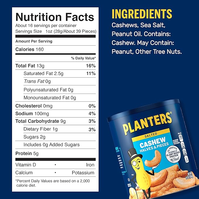 PLANTERS Salted Cashew Halves &amp Pieces Party Snacks Plant-Based Protein 14 Oz Canister (Pack of 2)