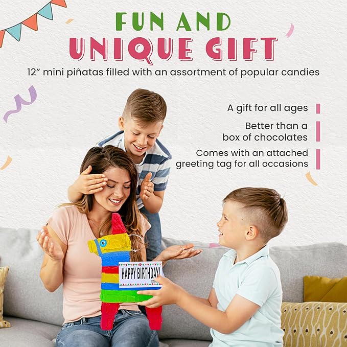 Cute 12” Donkey Pinata Pre-Filled with Assorted Quantities of Popular Candies and Attached Message Tag for Friends Family Children and More (Happy Birthday)