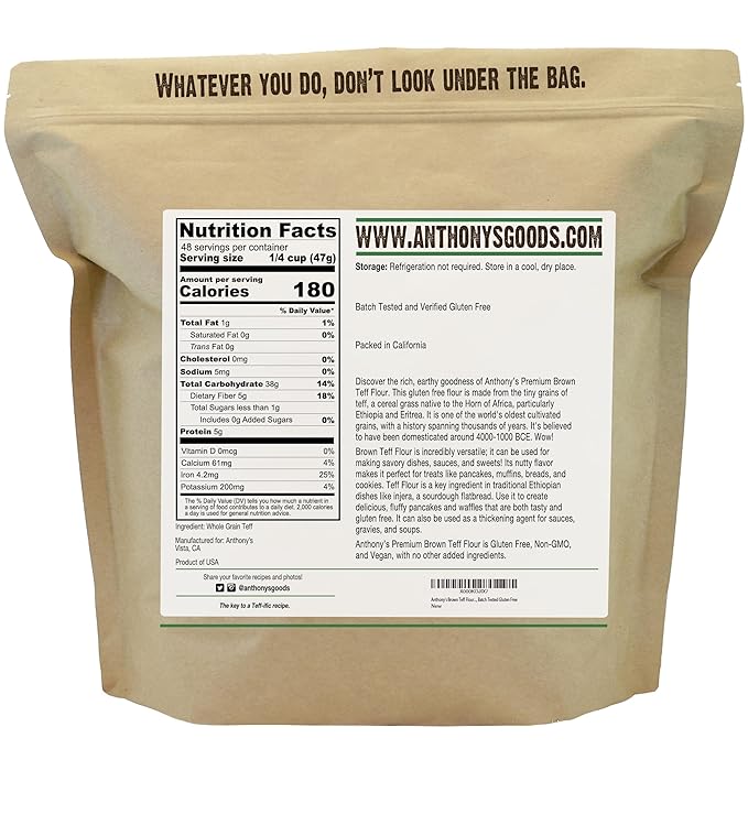 Anthony's Brown Teff Flour 5 lb Gluten Free Non GMO Vegan