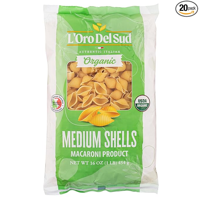 Organic Shells Pasta (16 oz x 20 Pack) Italian Pasta Durum Wheat Premium Quality Product of Italy L'Oro del Sud