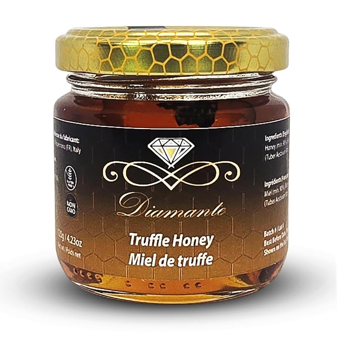 Diamante Italy Truffle Honey - Italian Luxurious Gourmet Flavored Honey with 3% Black Truffle - Ideal for Charcuterie Board &amp Cheese Plate - Non GMO &amp Made in Italy - 120g