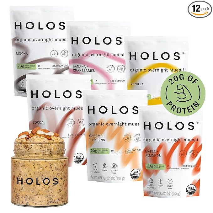HOLOS Protein Overnight Oats - 12 Pack Variety Flavors with Jar - 20g Plant Proteins Organic Gluten Free Cereal with High Fiber Probiotics Vitamins Minerals