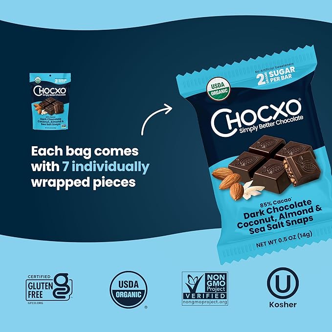 Chocxo Dark Chocolate Coconut Almond &amp Sea Salt Snaps - Low in Sugar Organic 85% Cacao Non-GMO Keto Certified Gluten Free &amp Kosher. No Artificial Sweeteners or Sugar Alcohols 3.45 oz (Pac