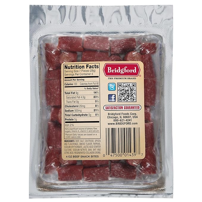 Bridgford Beef Snack Bites 4 oz Pack of 6 - Ready-to-Eat Snacks for On-the-Go Snacking - Gluten-Free Zero Carbs Meat Snacks for Adults - Keto Beef Snack Bites for Your Keto Diets