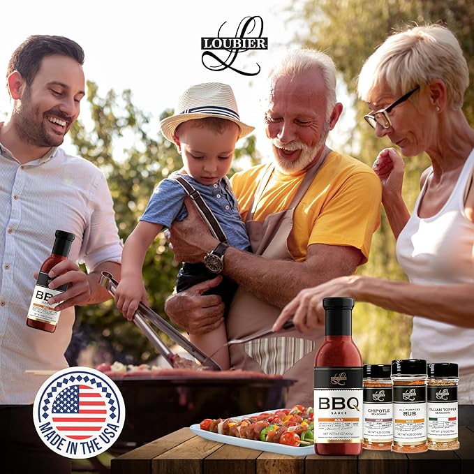 Loubier BBQ Sauce &amp Dry Rub Sampler Gift Box- Top-tier Barbecue Sauce Duo w/Italian Topper &amp Chipotle Seasoning Natural &amp Organic Unique Flavors for Meat &amp Veggies Gluten-Free Made