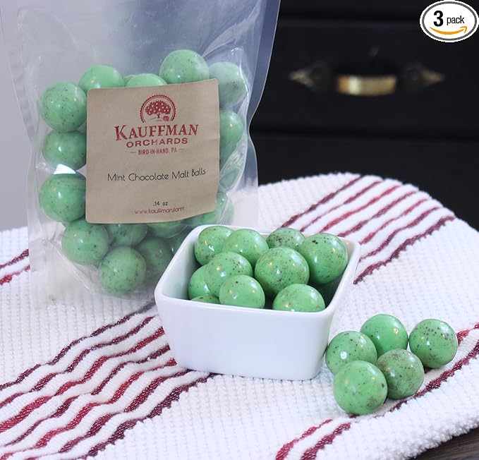 Kauffman Orchards Green Mint Chocolate Malt Balls 14 Ounce Bag (Pack of 3)
