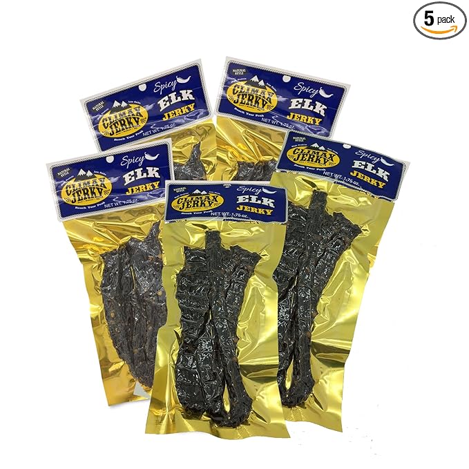 BEST Premium Natural Style Kippered Cut Thick Strips 1.75 OZ. Elk Jerky - No Preservatives - High Protein - Low Carbs - Buy Multiple Packs &amp Save! (Elk Spicy Spicy 5 Pack)