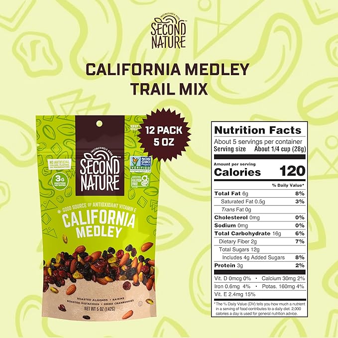 Second Nature California Medley Trail Mix - 5 oz Resealable Snack Pouches (Pack of 12) - Certified Gluten-Free Snack Nut Trail Mix to Satisfy Hunger