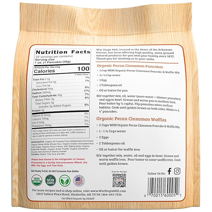 War Eagle Mill Organic Pecan Cinnamon Whole Grain Pancake &amp Waffle Mix 22 oz Bag (2 Pack)