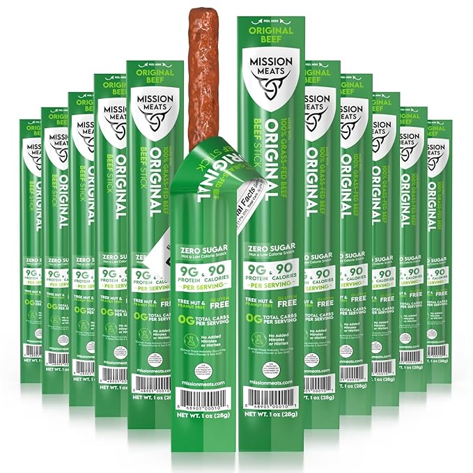 Mission Meats Beef Sticks – 100% Grass Fed &amp Pasture Raised Zero Sugar Gluten Free Individually Wrapped Healthy Snacks Whole 30 &amp Paleo Friendly Original 1oz (Pack of 72)