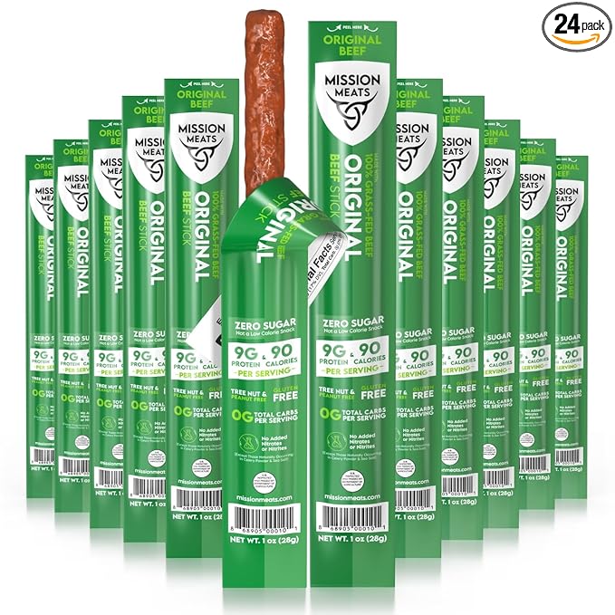 Mission Meats Beef Sticks – 100% Grass Fed Beef Zero Sugar Healthy Snacks Individually Wrapped Gluten Free Non-GMO Original 1oz (Pack of 24)